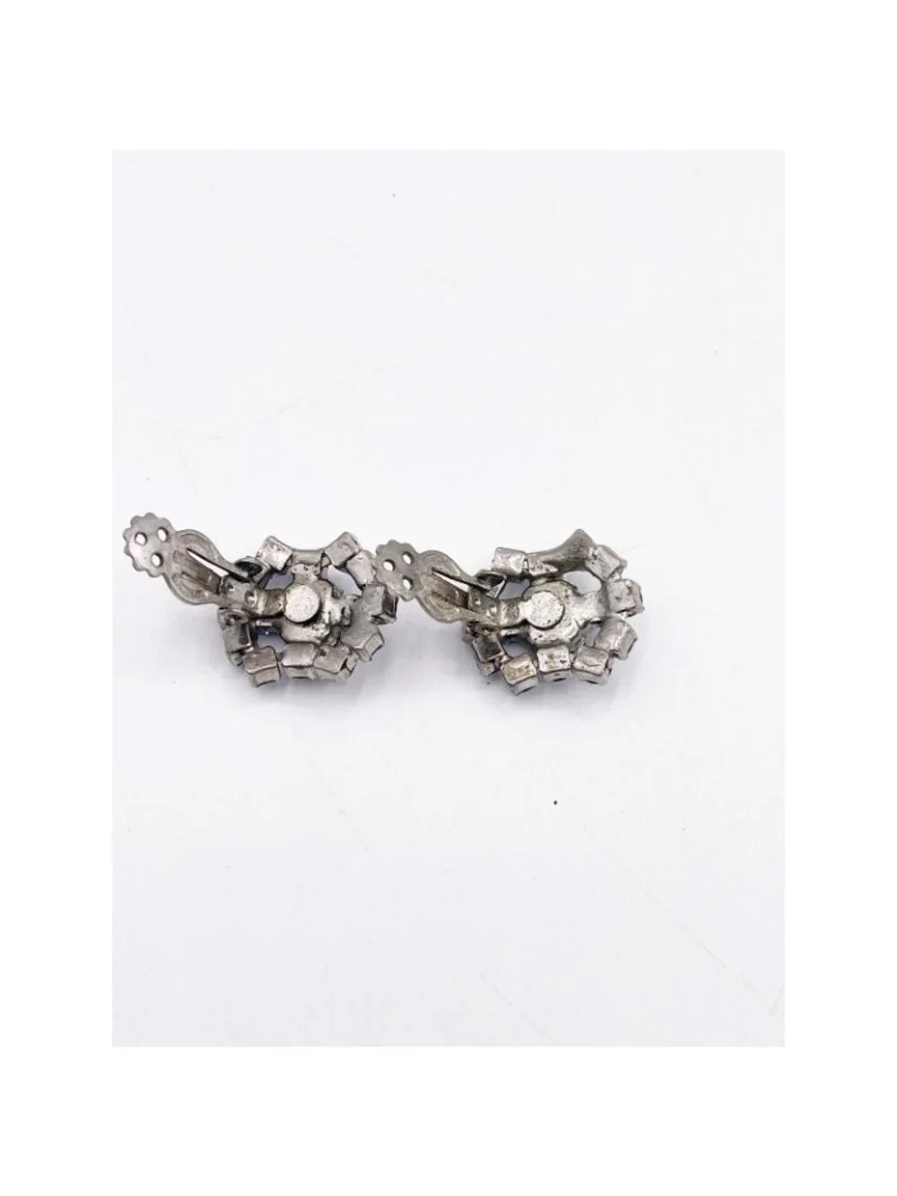 Vintage Silver Tone Blue Rhinestone Floral Cluster Clip-On Earrings Retro MCM
